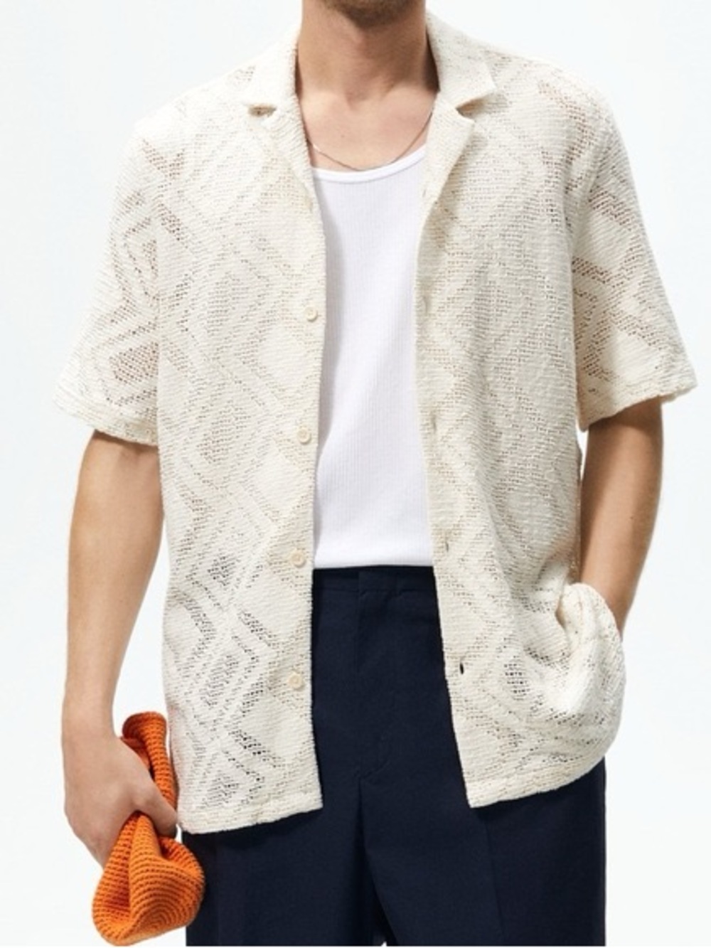 Zara Cream Short-Sleeve Button-Down Open-Knit Shirt